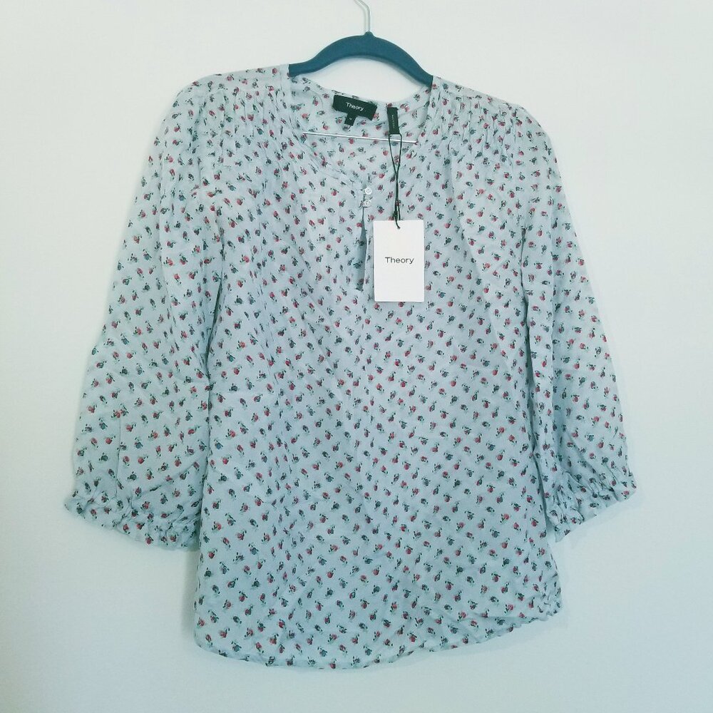 Theory Floral Blue Silk Blouse M NWT